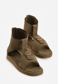 Born2be - Zielone Sandały w Stylu Botków z Ozdobną Klamrą Theaneasi. Okazja: na co dzień. Zapięcie: klamry. Kolor: zielony. Materiał: jeans. Styl: casual, elegancki, klasyczny #6