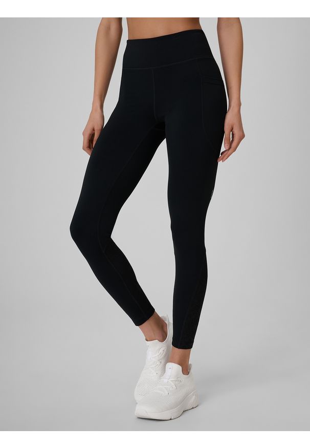 4f - 4F Legginsy treningowe szybkoschnące damskie - czarne S. Stan: podwyższony. Kolor: czarny. Materiał: materiał, skóra, włókno. Długość: do kostek. Wzór: haft. Sport: fitness