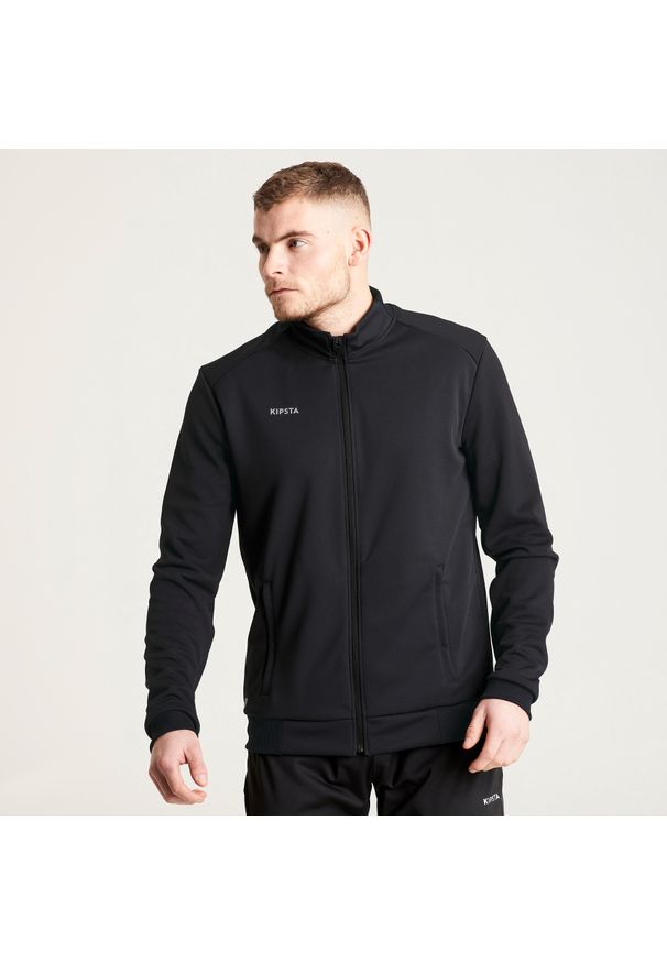 KIPSTA - Bluza treningowa do piłki nożnej Kipsta Essential. Typ kołnierza: komin. Kolor: wielokolorowy, czarny, szary. Materiał: tkanina, elastan, prążkowany, materiał, poliester. Sport: fitness, piłka nożna