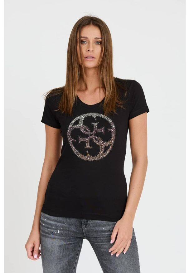 Guess - GUESS Czarny damski t-shirt 4G LOGO TEE, Rozmiar S. Kolor: czarny