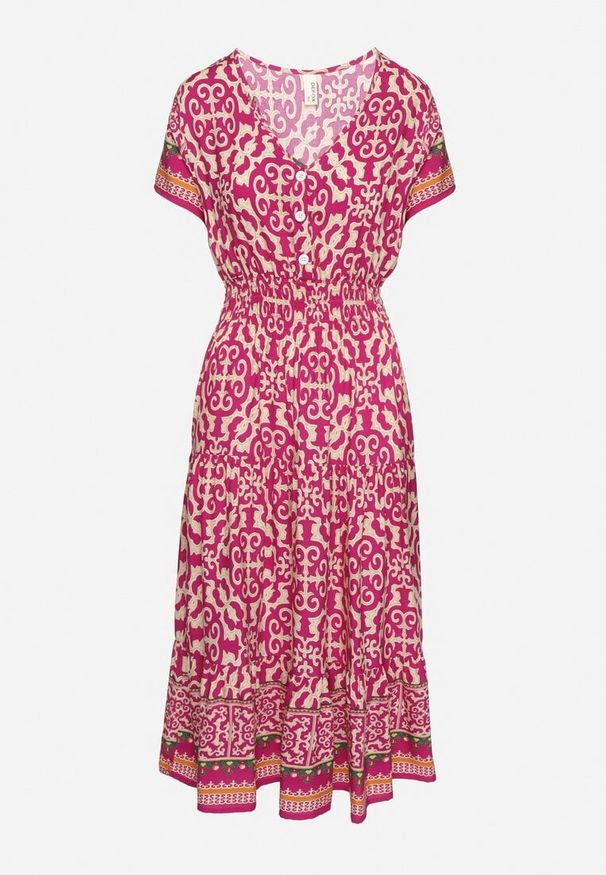 Born2be - Fioletowa Bawełniana Sukienka z Gumką w Talii i Guzikami Natiflione. Okazja: na co dzień. Typ kołnierza: dekolt w kształcie V. Kolor: fioletowy. Materiał: bawełna. Typ sukienki: rozkloszowane, oversize. Styl: casual, elegancki, klasyczny