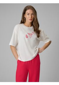 4f - 4F T-shirt regular z nadrukiem damski - biały M. Okazja: na co dzień. Kolor: biały. Materiał: materiał, jeans, dzianina. Wzór: nadruk. Styl: klasyczny, casual #1