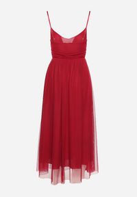 Born2be - Czerwona Sukienka na Ramiączkach z Gumką w Talii i Falbanką Watalia. Okazja: na imprezę. Kolor: czerwony. Materiał: materiał. Długość rękawa: na ramiączkach. Sezon: lato #2