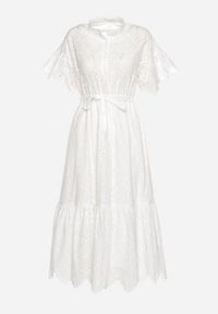 Born2be - Biała Haftowana Sukienka z Bawełny z Guzikami i Gumką w Talii Melliara. Okazja: na spacer, na imprezę. Typ kołnierza: dekolt w kształcie V. Kolor: biały. Materiał: bawełna. Długość rękawa: krótki rękaw. Wzór: haft. Sezon: lato. Styl: klasyczny, boho #2