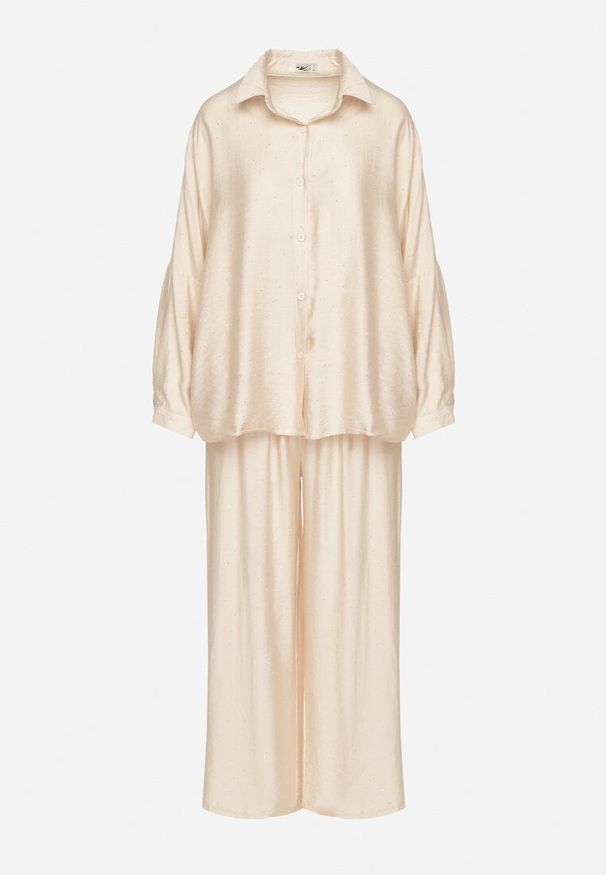 Born2be - Beżowy Komplet o Kroju Oversize Koszula i Spodnie Ulosarenia. Kolor: beżowy. Wzór: aplikacja