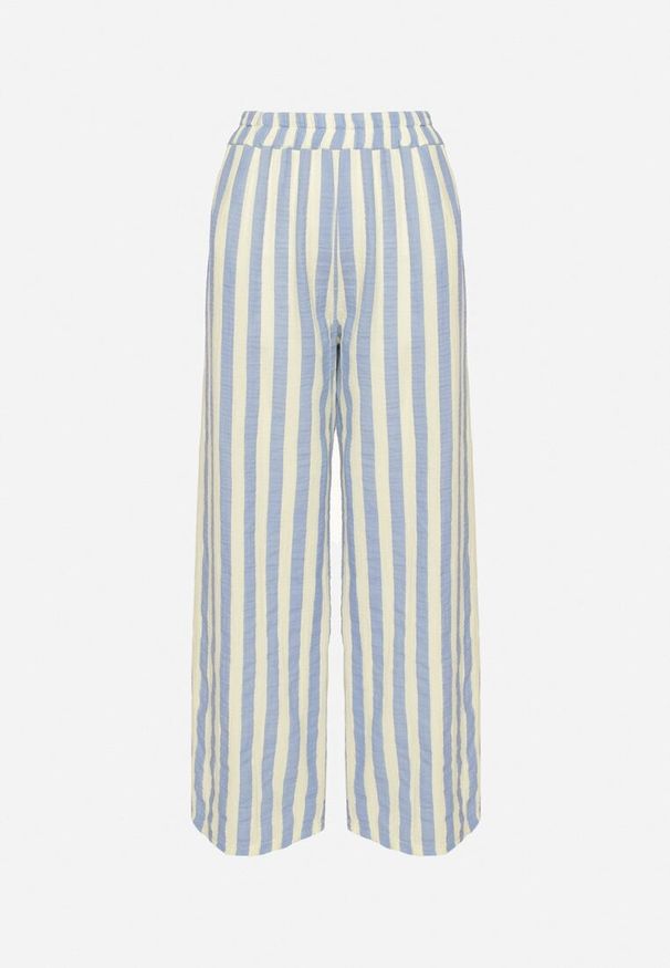 Born2be - Niebiesko-Żółte Muślinowe Szerokie Spodnie z Bawełny w Paski z Wysokim Stanem Mavelinee. Stan: podwyższony. Kolor: niebieski. Materiał: bawełna. Wzór: paski. Sezon: wiosna, lato