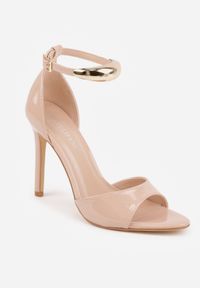 Renee - Beżowe Sandały na Szpilce Ozdobione Metaliczną Aplikacją na Pasku Lillisa. Nosek buta: otwarty. Zapięcie: pasek. Kolor: beżowy. Materiał: szyfon. Wzór: aplikacja. Obcas: na szpilce #6