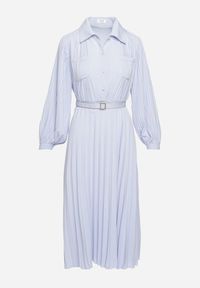 Born2be - Niebieska Plisowana Sukienka Midi z Paskiem z Kołnierzykiem i Kieszeniami Themirlla. Kolor: niebieski. Wzór: aplikacja. Długość: midi #3