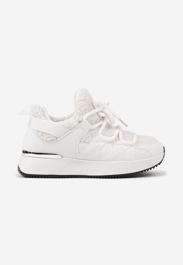 Born2be - Białe Sneakersy z Futerkiem Typu Baranek na Grubej Podeszwie Zinithara. Zapięcie: sznurówki. Kolor: biały. Materiał: futro. Wzór: aplikacja