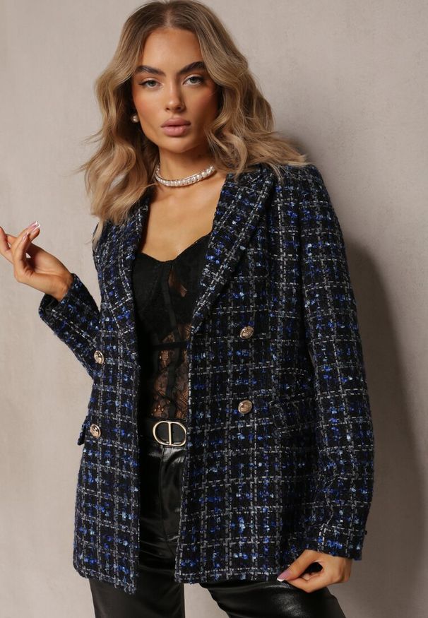 Renee - Czarno-Granatowa Tweedowa Marynarka Dwurzędowa Zapinana na Biżuteryjne Guziki Nallet. Kolor: czarny. Materiał: materiał. Styl: retro, elegancki