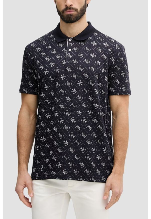 Guess - GUESS Granatowa męska koszulka polo w monogram 4G Jacquard, Rozmiar M. Okazja: na co dzień. Typ kołnierza: polo. Kolor: niebieski. Styl: elegancki, casual, klasyczny