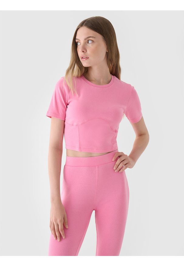 4f - 4F Crop top slim gładki damski - różowy M. Okazja: na co dzień. Kolor: różowy. Materiał: dzianina, bawełna, jersey, materiał, elastan. Wzór: gładki. Styl: sportowy, casual