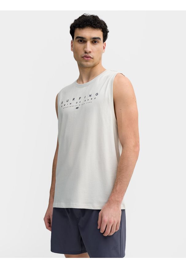 4f - Tank top regular z bawełny organicznej męski. Kolor: szary. Materiał: bawełna. Wzór: nadruk