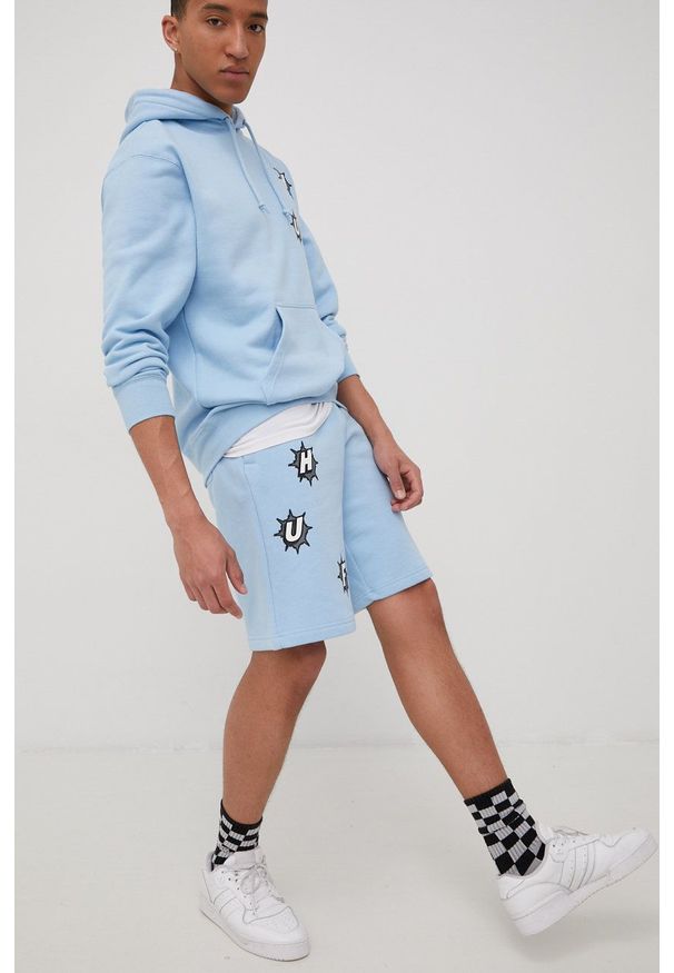 HUF bluza męska z kapturem z nadrukiem. Okazja: na co dzień. Typ kołnierza: kaptur. Kolor: niebieski. Materiał: dzianina. Wzór: nadruk. Styl: casual