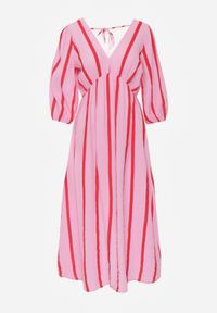 Renee - Różowo-Pomarańczowa Bawełniana Sukienka w Paski o Rozkloszowanym Kroju Legelia. Kolor: różowy. Materiał: bawełna. Wzór: paski. Typ sukienki: rozkloszowane #5
