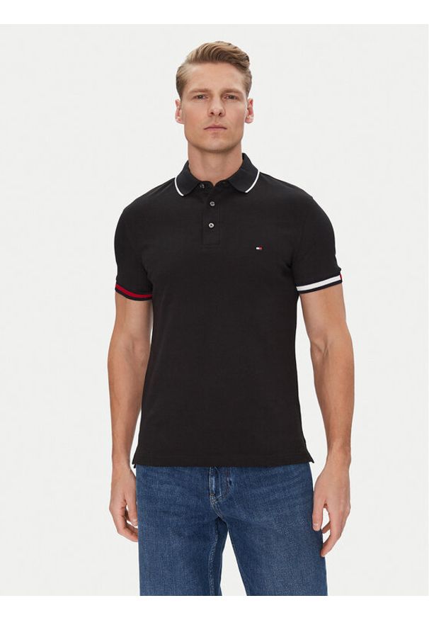 TOMMY HILFIGER - Tommy Hilfiger Polo Flag Cuff MW0MW38458 Czarny Slim Fit. Typ kołnierza: polo. Kolor: czarny. Materiał: bawełna