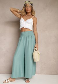 Renee - Miętowe Szerokie Spodnie High Waist z Elastycznymi Gumkami w Talii Varbia. Okazja: na co dzień. Stan: podwyższony. Kolor: zielony. Styl: elegancki, casual