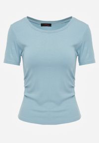 Renee - Jasnoniebieski T-shirt w Prążki z Marszczeniami po Bokach Nedala. Okazja: na co dzień. Kolor: niebieski. Wzór: prążki. Styl: casual, elegancki #6