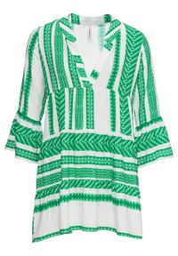 Krótka sukienka letnia bonprix zieleń trawy - biały wzorzysty. Typ kołnierza: dekolt w serek. Kolor: zielony. Sezon: lato. Styl: elegancki. Długość: mini #1
