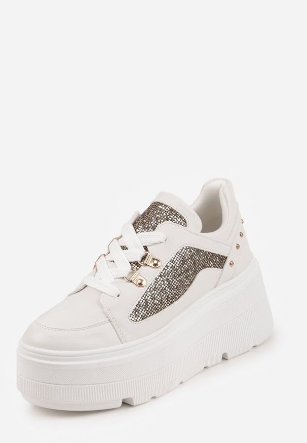 Renee - Białe Sneakersy VICES na Koturnie z Brokatowymi Wstawkami Morinatea. Okazja: na co dzień. Kolor: biały. Materiał: jeans. Wzór: aplikacja. Sezon: lato. Obcas: na koturnie
