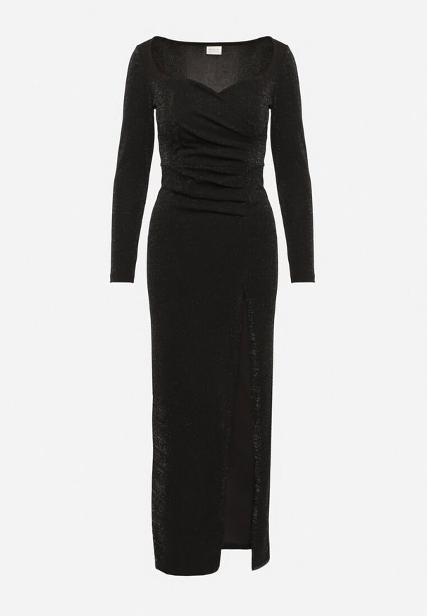 Born2be - Czarna Koktajlowa Sukienka z Kopertowym Dekoltem Metaliczną Nitką i Rozcięciem Emirielle. Okazja: na imprezę. Kolor: czarny. Długość rękawa: długi rękaw. Typ sukienki: kopertowe. Styl: wizytowy