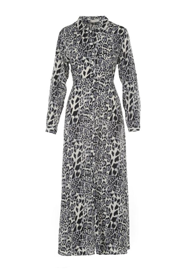 Born2be - Szaro-Granatowa Sukienka Adolia. Kolor: szary. Długość rękawa: długi rękaw. Wzór: motyw zwierzęcy. Typ sukienki: koszulowe. Długość: maxi