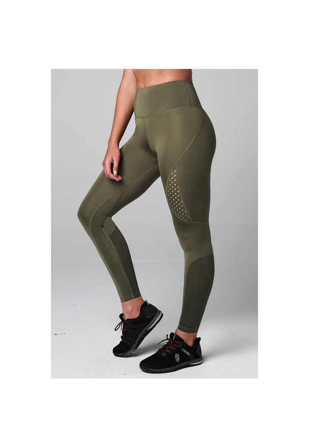 Legginsy fitness damskie z wysokim stanem oliwkowe STRONG ID. Stan: podwyższony. Kolor: zielony. Materiał: poliester. Sport: fitness