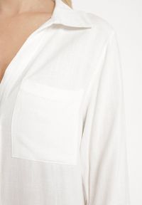 Born2be - Biała Koszulowa Sukienka z Lnem i Wiskozą z Regulowanymi Rękawami Melvezia. Okazja: na co dzień. Kolor: biały. Materiał: len, wiskoza. Typ sukienki: koszulowe. Styl: casual #3