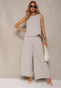 Renee - Szary Komplet z Bawełny Spodnie Culottes i Luźny Top Tinelia. Kolor: szary. Materiał: bawełna. Wzór: aplikacja #3