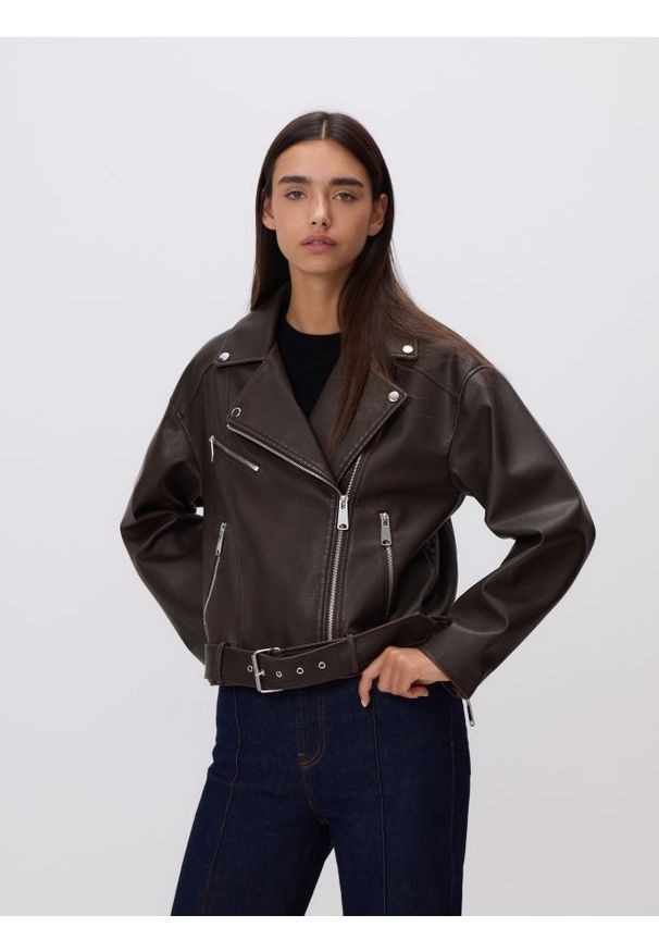 Reserved - Kurtka ramoneska z paskiem - brązowy. Kolor: brązowy. Materiał: skóra