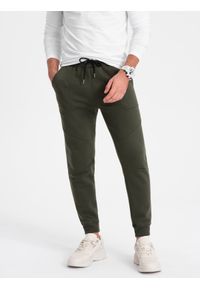 Ombre Clothing - Spodnie męskie dresowe joggery - oliwkowe V2 - Rozmiar: L. Kolor: oliwkowy. Materiał: dresówka. Wzór: geometria #1