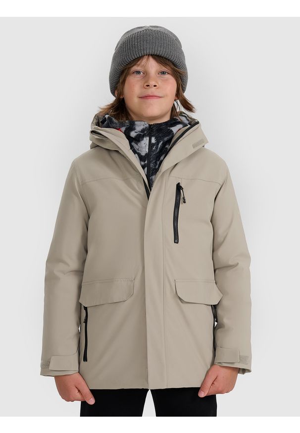 4f - 4F Kurtka przejściowa membrana 5000 chłopięca - beżowa 122 (6-7 lat). Okazja: na co dzień. Typ kołnierza: kaptur. Kolor: beżowy. Materiał: syntetyk, dzianina, materiał, tkanina, poliester. Sezon: lato. Styl: casual, klasyczny, sportowy