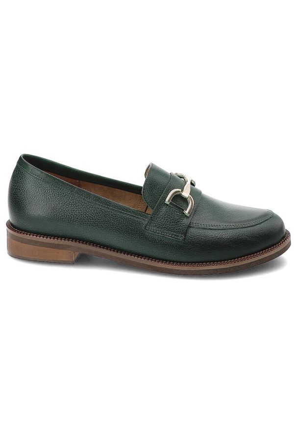 Zielone Mokasyny Exquisite Stylowe Obuwie Damskie. Okazja: na spacer. Zapięcie: klamry. Kolor: zielony. Materiał: materiał, skóra. Obcas: na obcasie. Styl: elegancki. Wysokość obcasa: średni