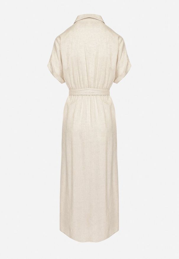 Born2be - Beżowa Koszulowa Sukienka z Lnem Wiskozą i Paskiem Lenaviel. Okazja: na co dzień. Kolor: beżowy. Materiał: wiskoza, len. Typ sukienki: koszulowe. Styl: casual, klasyczny