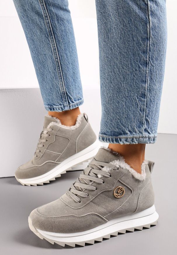 Renee - Szare Ocieplane Sneakersy na Platformie Appopis. Okazja: na co dzień. Kolor: szary. Materiał: jeans. Obcas: na platformie