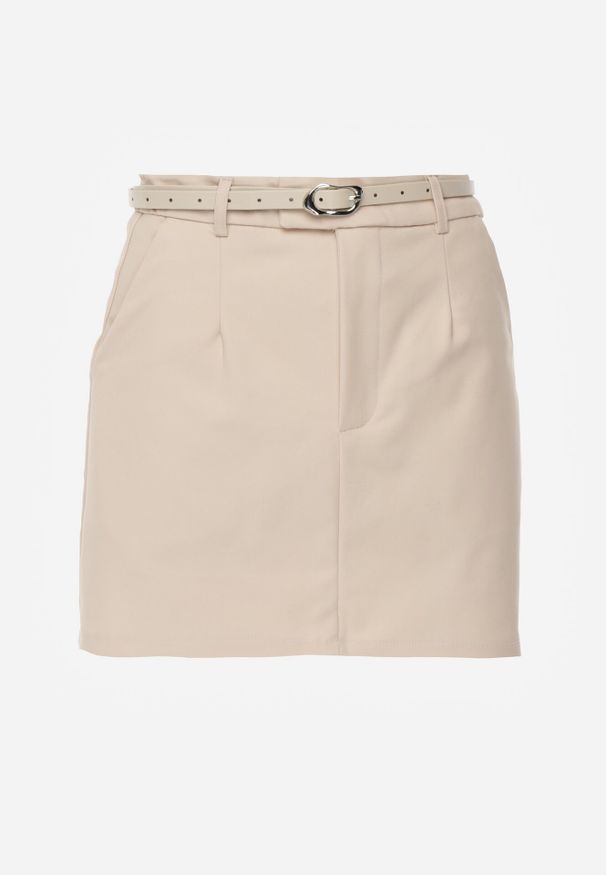 Born2be - Beżowa Ołówkowa Spódnica z Bawełną z Paskiem i Podszewką Typu Szorty Vikisola. Okazja: na co dzień, na spotkanie biznesowe, na randkę, do pracy. Kolor: beżowy. Materiał: bawełna. Styl: casual, biznesowy, elegancki