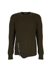 Les Hommes Sweter | LJK106-656U | Round Neck Sweater With Asymetric Zip | Mężczyzna | Khaki. Okazja: na co dzień. Kolor: brązowy. Materiał: wełna. Wzór: aplikacja. Styl: casual