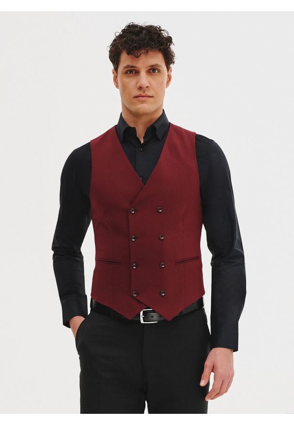 Pako Lorente - PAKO LORENTE - Bordowa dwurzędowa kamizelka męska. Kolor: czerwony. Materiał: elastan, wiskoza, wełna, poliester. Styl: młodzieżowy, elegancki