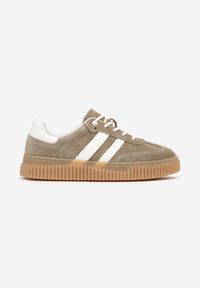 Born2be - Ciemnobeżowe Sneakersy Typu Tenisówki ze Skórzaną Wkładką Ozdobione Paskami Melissele. Okazja: na co dzień. Zapięcie: pasek. Kolor: beżowy. Materiał: skóra. Wzór: aplikacja