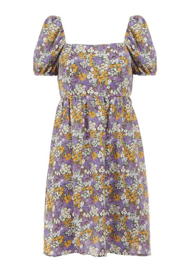 Born2be - Fioletowo-Miętowa Sukienka Konmey. Typ kołnierza: dekolt kwadratowy. Kolor: miętowy. Wzór: kwiaty. Sezon: lato. Styl: retro. Długość: mini