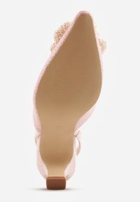 Renee - Różowe Sandały Slingback na Kaczuszce z Tweedowymi Wstawkami i Kwiatem 3D Zehe. Okazja: na co dzień, na imprezę. Zapięcie: bez zapięcia. Kolor: różowy. Materiał: jeans, koronka. Wzór: kwiaty. Obcas: na szpilce. Styl: casual, elegancki #3