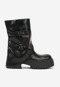 Born2be - Czarne Botki Biker VICES z Cholewką Imitującą Nogawkę z Klamrami Reiladia. Okazja: na co dzień. Zapięcie: klamry. Kolor: czarny. Materiał: jeans. Szerokość cholewki: normalna. Styl: casual