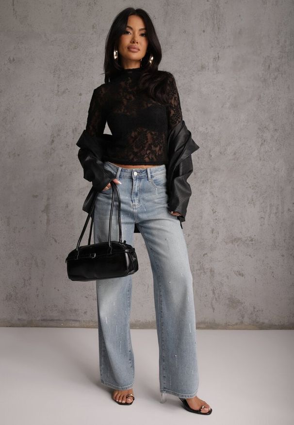 Renee - Czarna Bluzka Półgolf z Koronki Dinita. Okazja: na imprezę. Kolor: czarny. Materiał: koronka. Wzór: koronka. Styl: elegancki