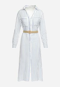 Born2be - Biało-Niebieska Jasna Sukienka Midi w Koszulowym Stylu z Lnem i Paskiem z Klamrą Egogia. Okazja: na co dzień. Kolor: biały. Materiał: len. Długość rękawa: długi rękaw. Wzór: aplikacja. Typ sukienki: koszulowe. Styl: casual, elegancki, klasyczny. Długość: midi #5