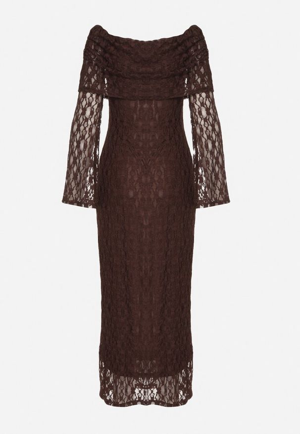 Born2be - Brązowa Koktajlowa Sukienka z Odkrytymi Ramionami z Koronki Eperrie. Kolor: brązowy. Materiał: koronka. Wzór: koronka. Typ sukienki: z odkrytymi ramionami. Styl: wizytowy. Długość: midi
