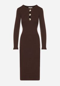 Born2be - Brązowa Dopasowana Sukienka z Prążkowanej Dzianiny z Wiskozą z Aplikacjami Tusmana. Kolor: brązowy. Materiał: prążkowany, wiskoza, dzianina. Wzór: aplikacja. Styl: elegancki #6