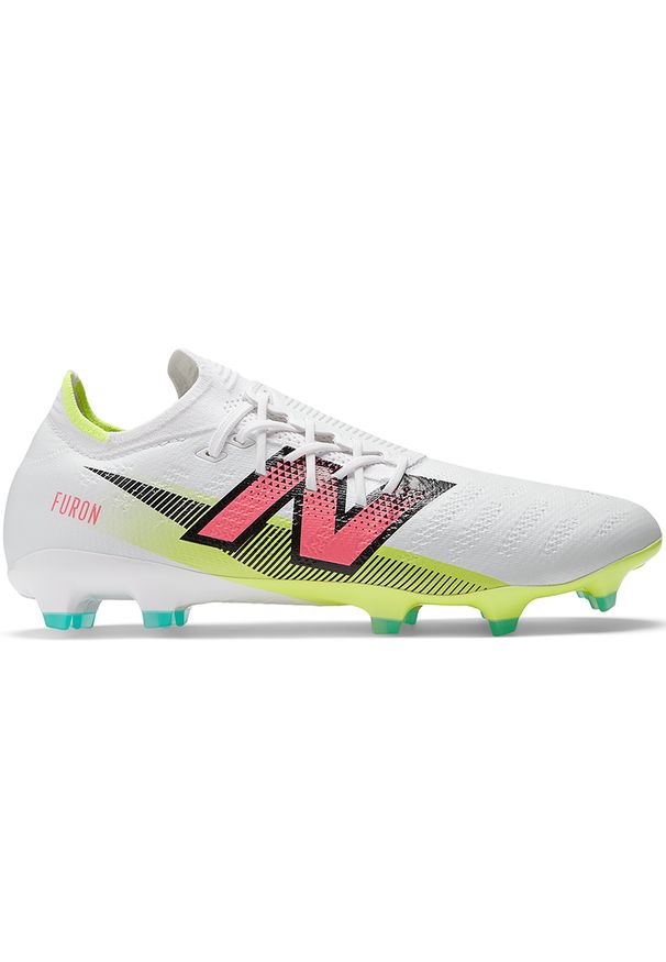 Korki męskie New Balance FURON PRO FG V7+ SF1FH75 – białe. Kolor: biały. Materiał: nylon, włókno. Szerokość cholewki: normalna. Sport: piłka nożna