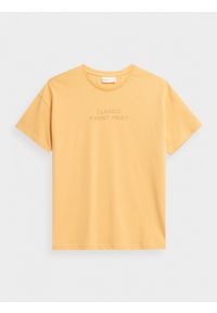 outhorn - T-shirt oversize z nadrukiem damski - żółty. Okazja: na co dzień. Kolor: żółty. Materiał: jersey, bawełna. Wzór: nadruk. Styl: casual #1