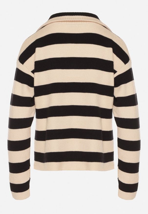 Born2be - Czarno-Beżowy Sweter w Paski Ozdobiony Suwakiem Amerra. Okazja: na co dzień, do pracy, na spotkanie biznesowe. Kolor: czarny. Materiał: jeans. Wzór: paski, aplikacja. Styl: casual, biznesowy