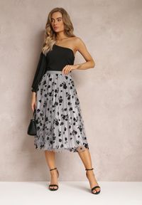 Renee - Szara Spódnica Midi Tiulowa z Welurowymi Kwiatami i Gumką w Talii Zihrosa. Kolor: szary. Materiał: welur, tiul. Wzór: kwiaty #4